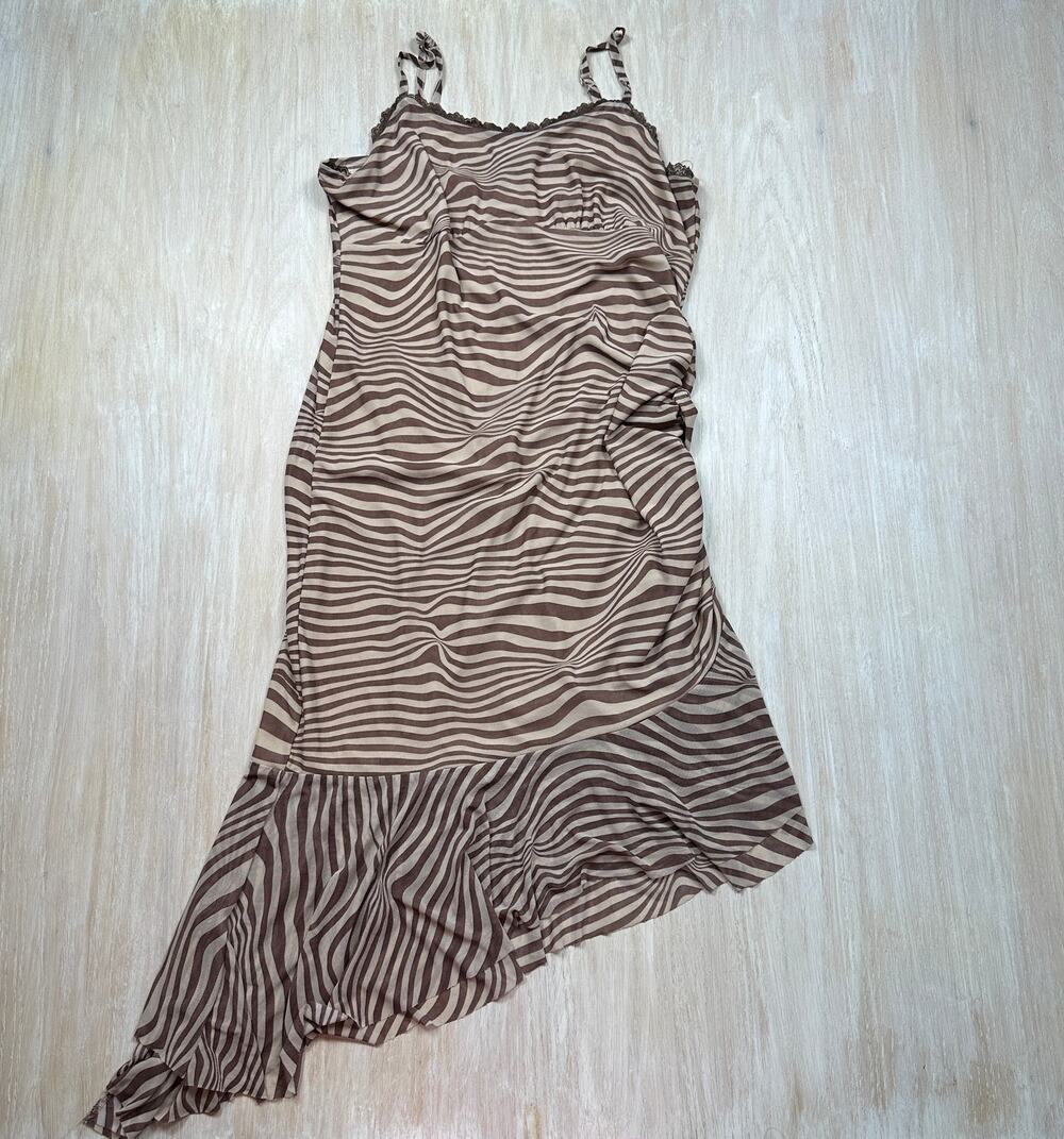 Wild Fable Y2K Brown Wavy Stripe Lace Asymmetrical Ruffle Midi Dress XL